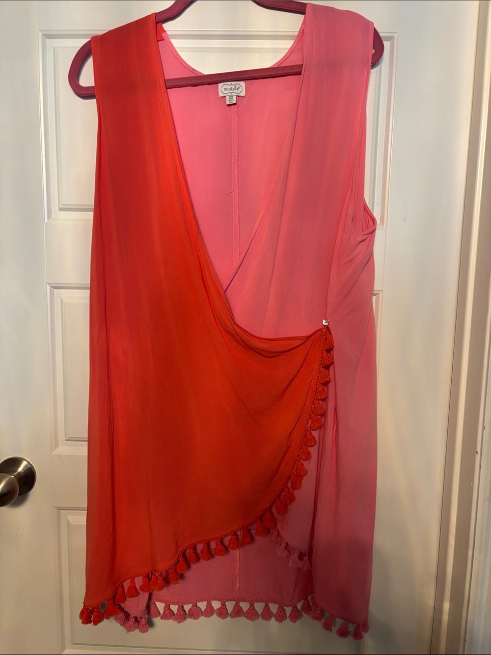 Mud Pie Pink & Coral Asymmetrical Tassel Wrap top 100% Viscose